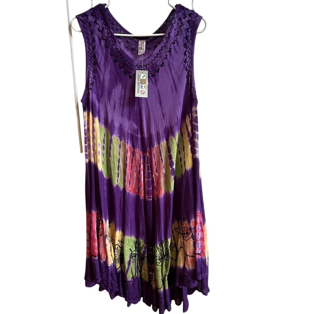 India Boutique Purple Tie Dye Embroidered Sleeveless Tunic Dress Boho Style 2031